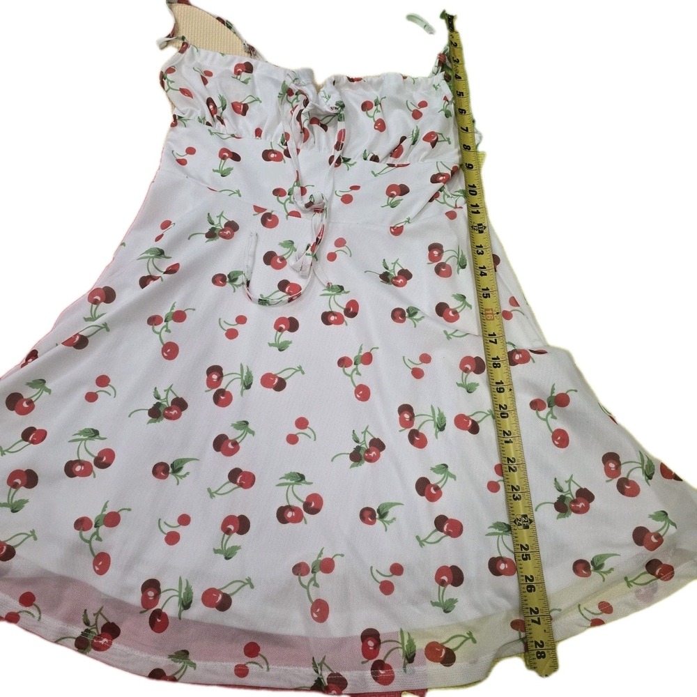 Cherry Print Mesh Mini‎ Dress White Red Fruit Coquette Aesthetic Fully Lined S